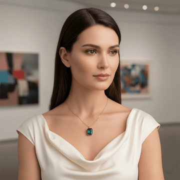 Woman wearing a necklace with an emerald pendant in a gallery setting